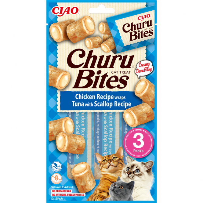 Inaba Churu Cat Snack Bites Huhn, Thunfisch & Jakobsmuschel 3x10g