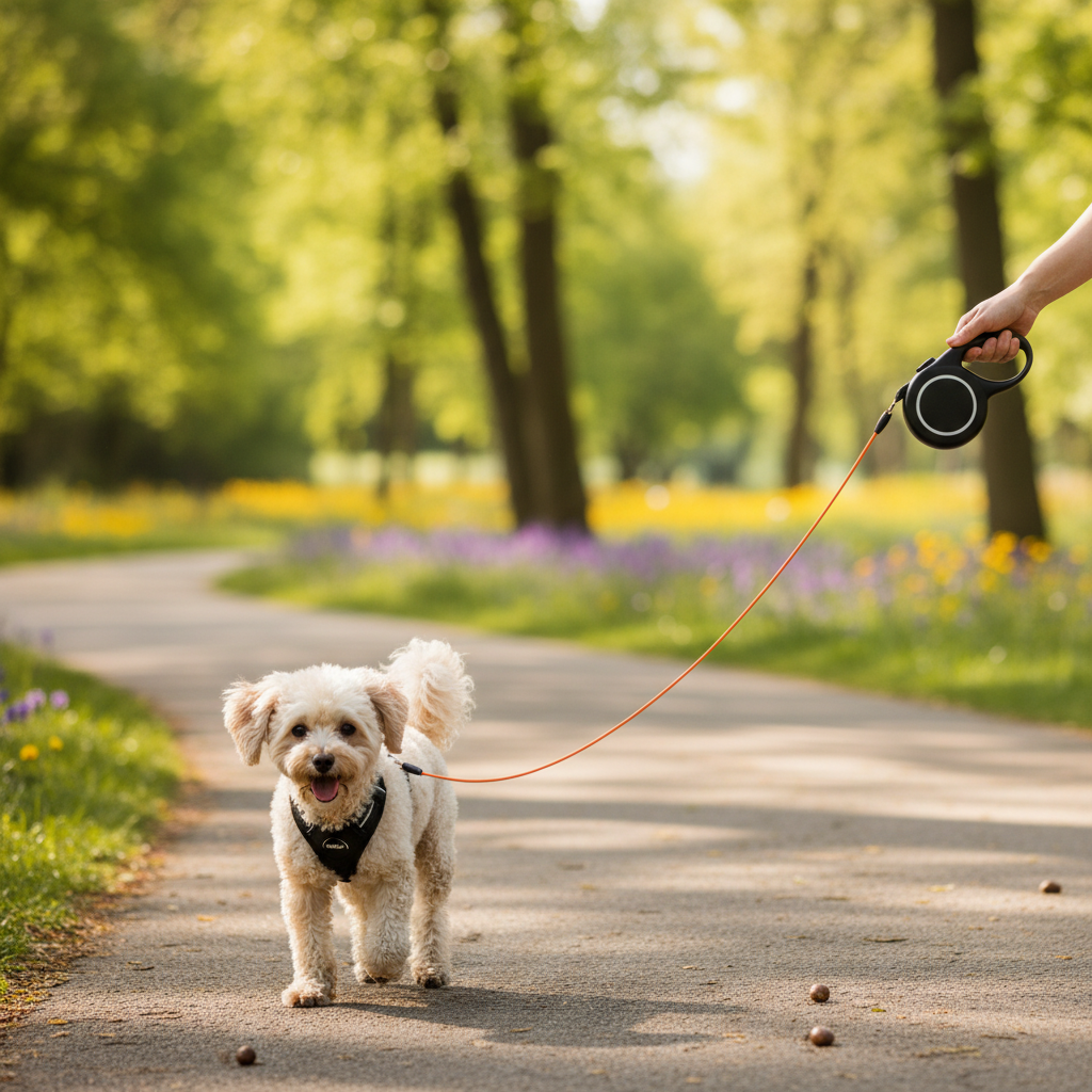 Automatisch einziehbare Hundeleine in Verwendung