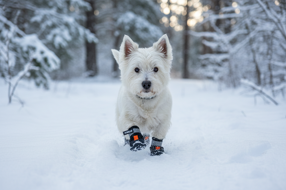 Hund mit Pfotenschutzschuhen im Schnee
