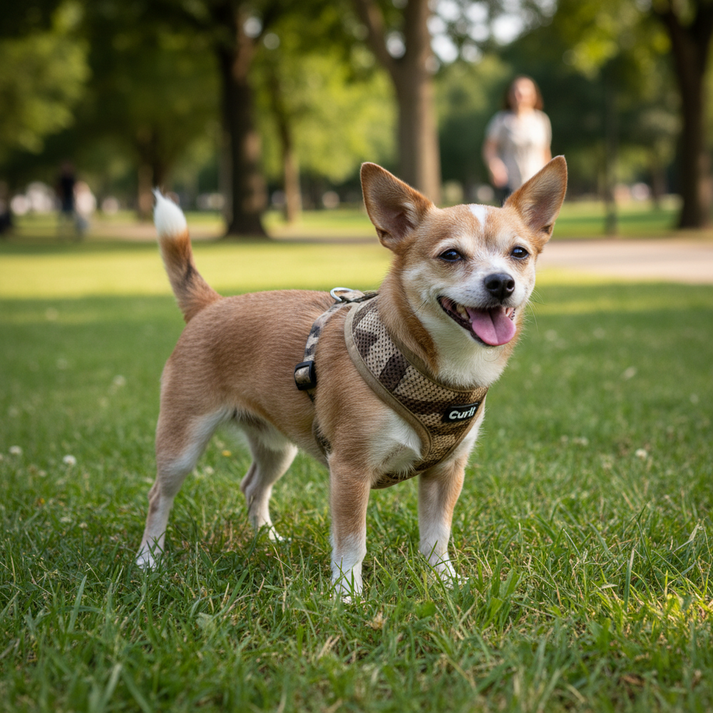 Kleiner Hund trägt Curli Vest Geschirr Air-Mesh Camo