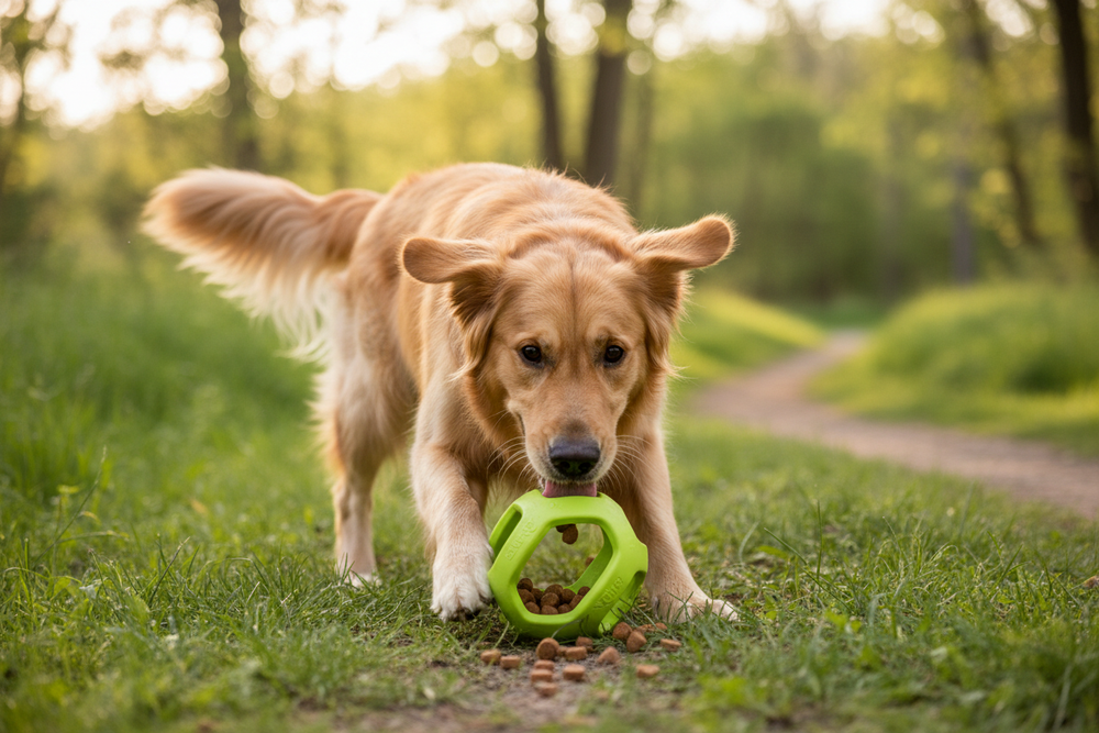 Hund spielt mit West Paw Toppl Lime XL