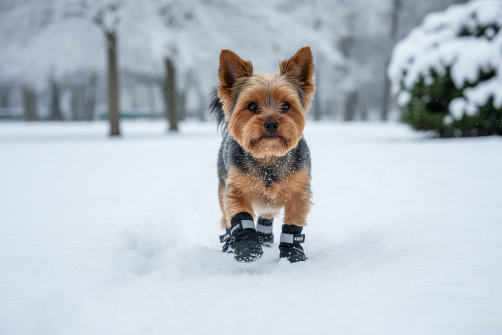 Hund mit Pfotenschutzschuhen im Schnee