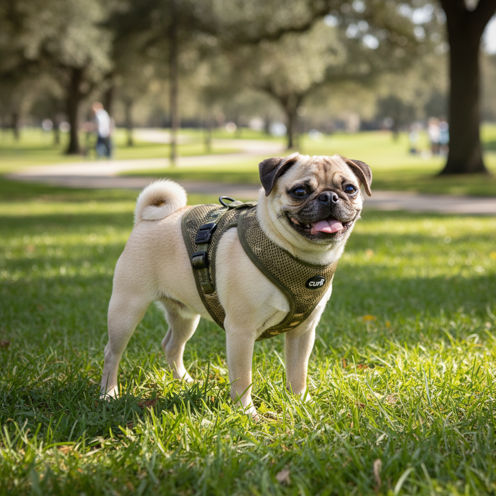Sehr kleiner Hund trägt Curli Vest Geschirr XS