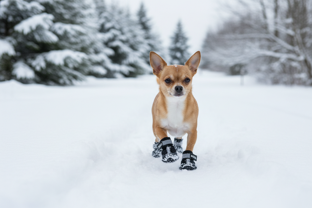 Hund mit Pfotenschutzschuhen im Schnee