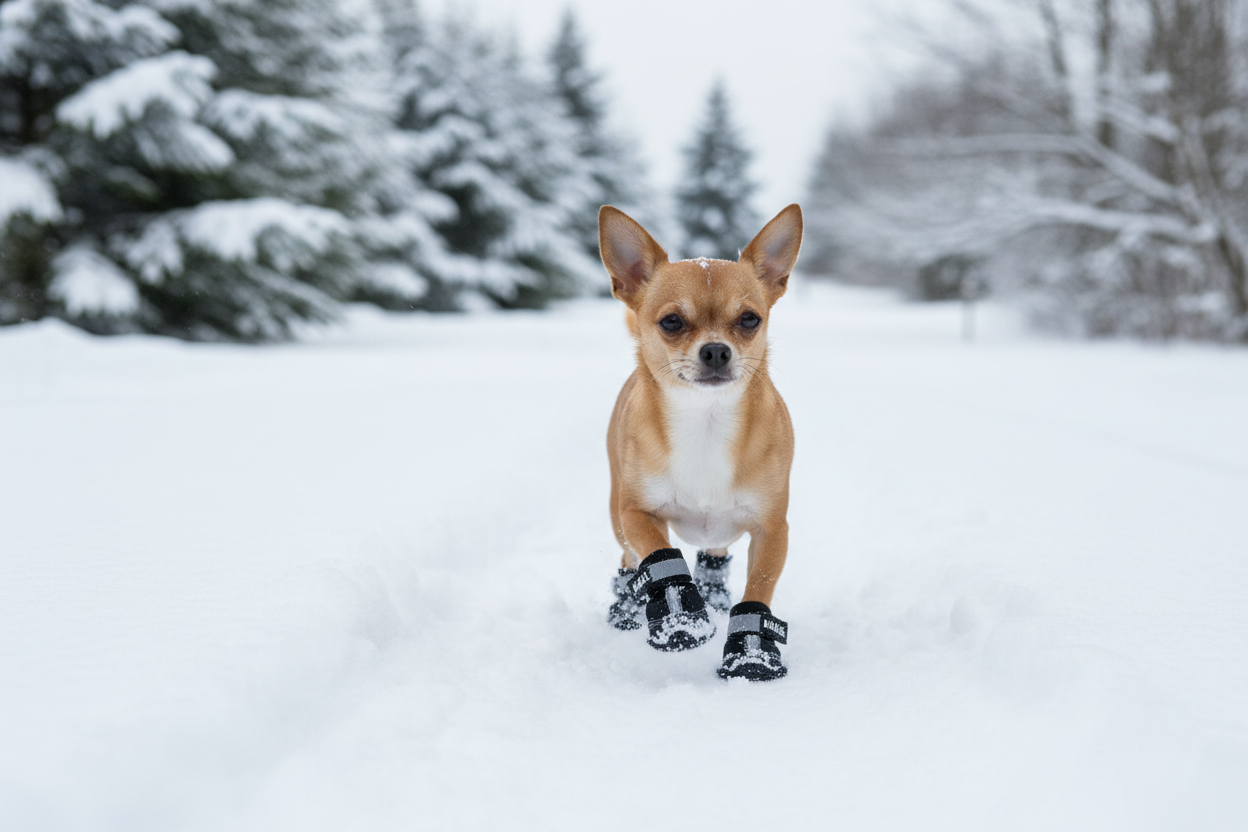 Hund mit Pfotenschutzschuhen im Schnee