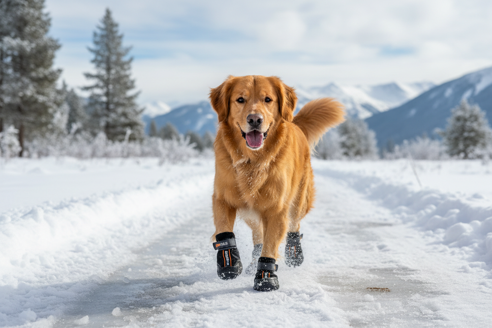 Großer Hund mit Pfotenschutzschuhen im Schnee