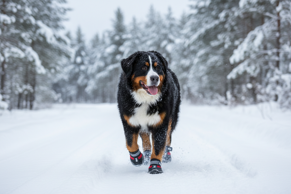 Sehr großer Hund mit Pfotenschutzschuhen im Schnee