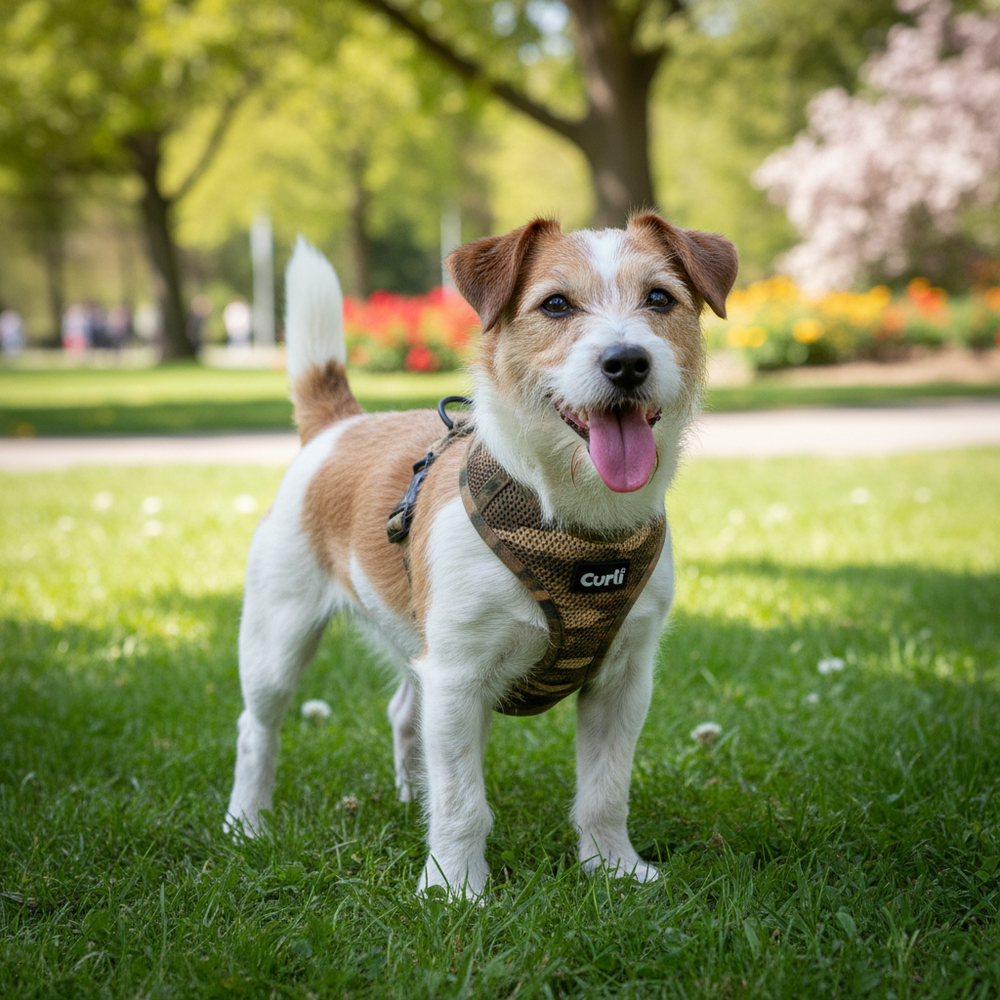 Kleiner Hund mit Curli Vest Geschirr S