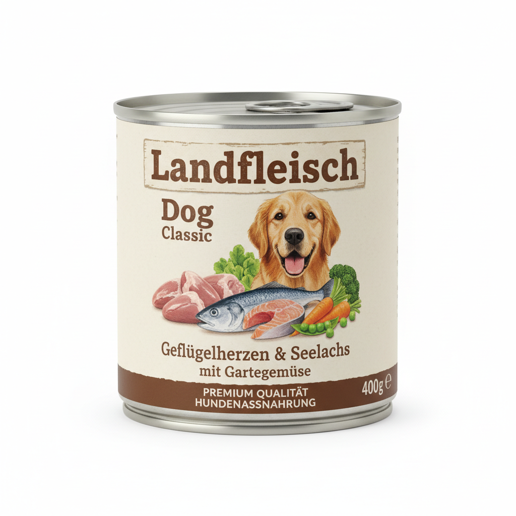 Landfleisch Dog Classic Geflügelherzen & Seelachs 400g Hauptansicht