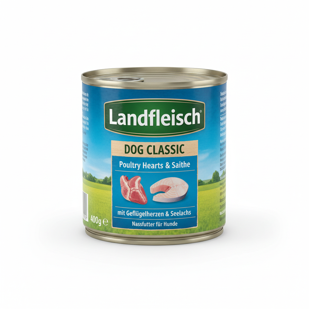 Landfleisch Dog Classic Geflügelherzen & Seelachs 400g Seitenansicht