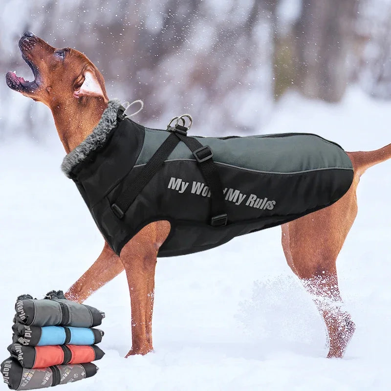 Wasserdichter Winter-Hundemantel für große Hunde mit integriertem Geschirr, pelzigem Kragen und warmer Haustierkleidung